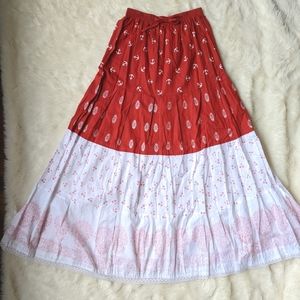 Red & White Printed Maxi Skirt with Floral, Paisley, & Anchors / Size Small
